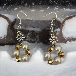 Handmade Beaded Earrings White And Gold Colored 925 Silver Hooks